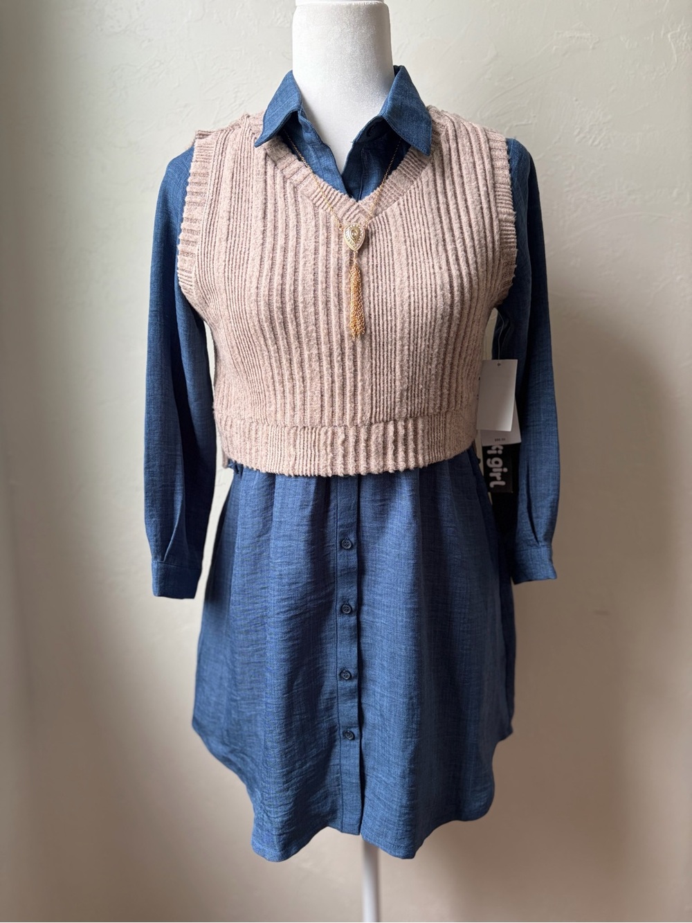 Trixxi Girl Blue Layered Collared Dress Set Girls Size L NWT